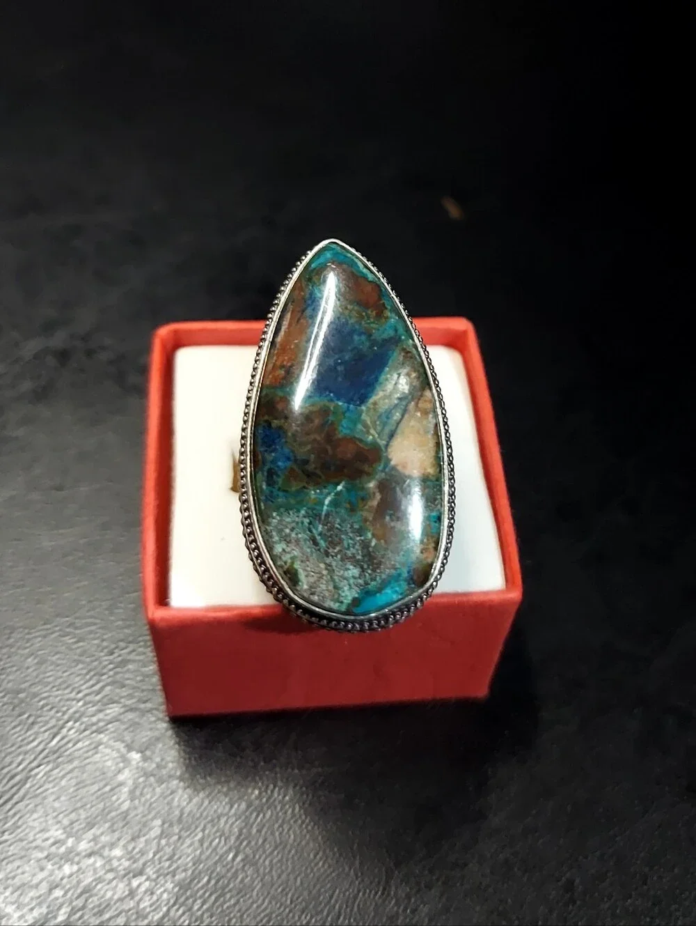 Handcrafted High-Profile Azurite Oversized Teardrop Ring (9.5)
